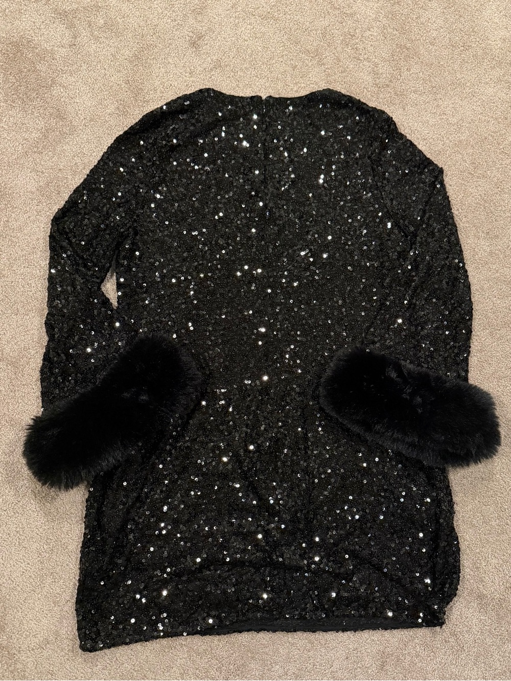 Hutch Anthropologie Black Sequin Faux Fur Cuff Mini Dress 1X Long Sleeve - Picture 10 of 11
